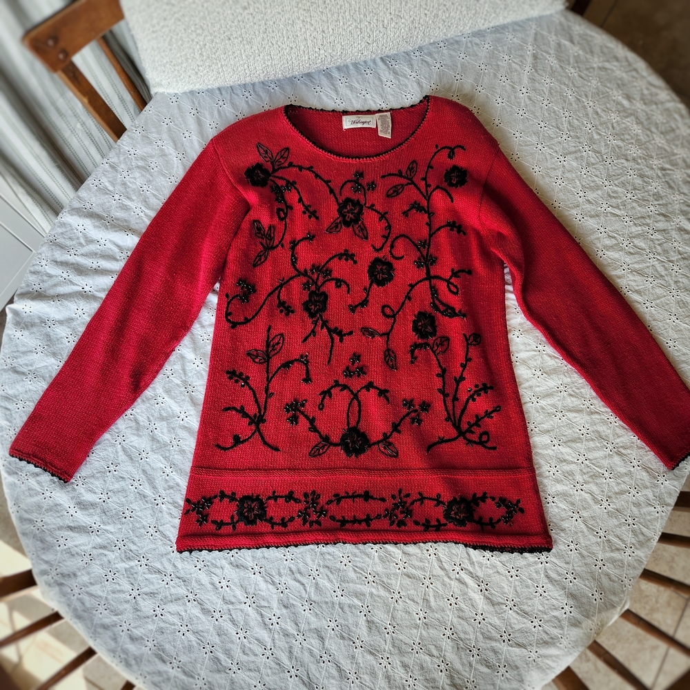 Worthington Red Sweater with Black Floral Embroidery